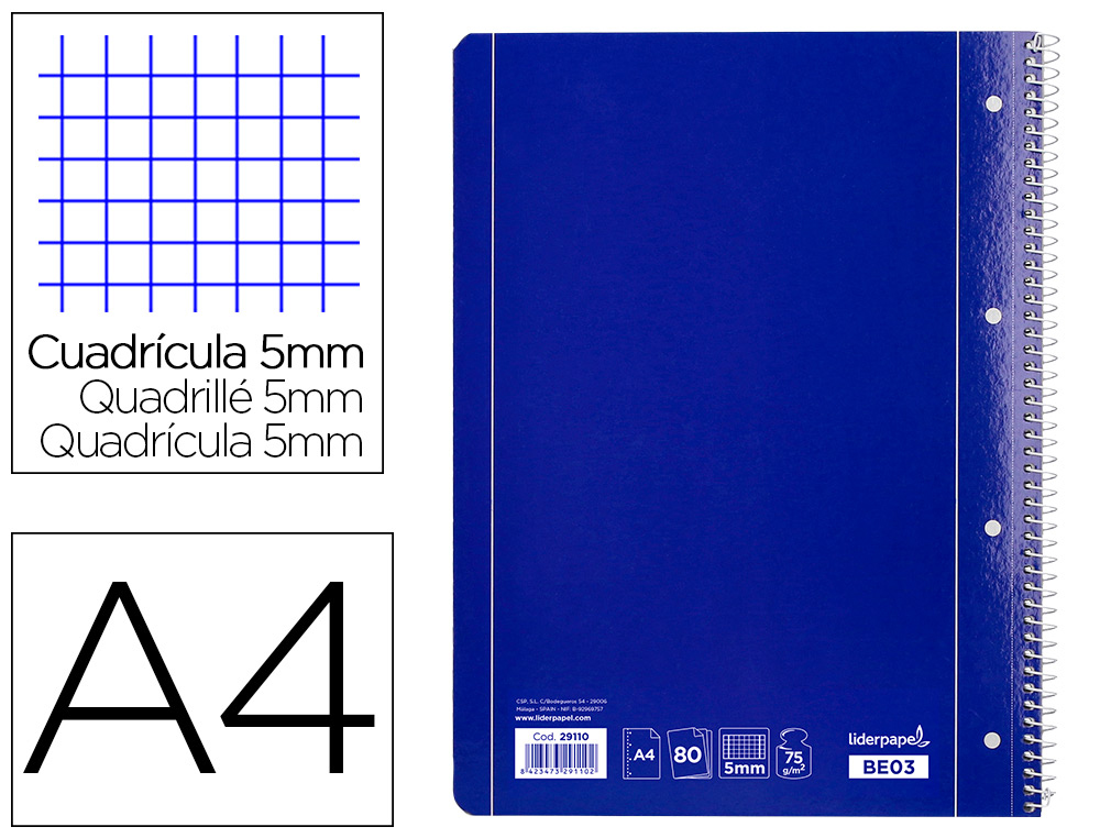 CADERNO ESPIRAL LIDERPAPEL CAPA AZUL 80 F DIN A4 QUADRICULADO