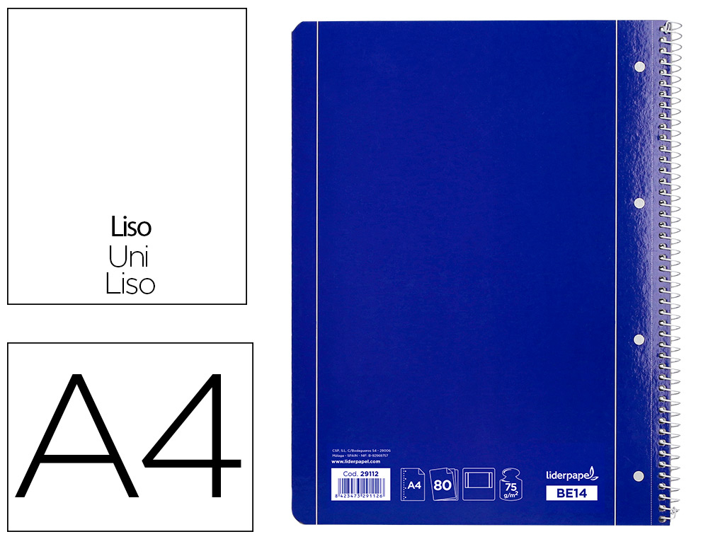 CADERNO ESPIRAL LIDERPAPEL CAPA AZUL 80 F DIN A4 LISO