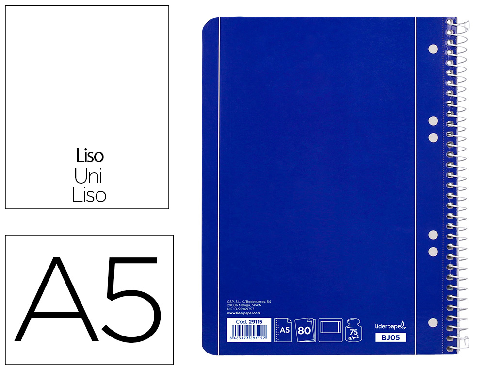 CADERNO ESPIRAL LIDERPAPEL CAPA AZUL 80 F DIN A5 LISO