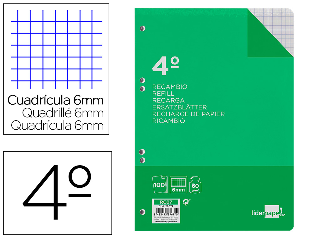 RECARGA LIDERPAPEL QUARTO 100 F 6TC-07 QUADRICULADO 6 MM 6 FUROS UNIVERSAL COM MARGEM