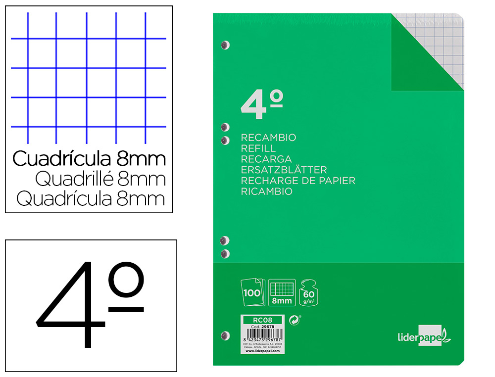 RECARGA LIDERPAPEL QUARTO 100 F 6TC-08 QUADRICULADO 8 MM 6 FUROS UNIVERSAL COM MARGEM
