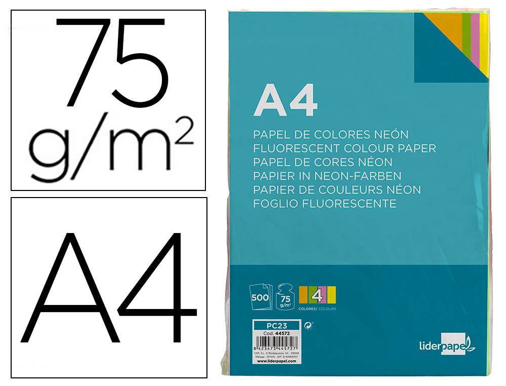 PAPEL DE COR LIDERPAPEL DIN A4 75 GR QUATRO CORES NEON SORTIDAS EMBALAGEM DE 500 FOLHAS