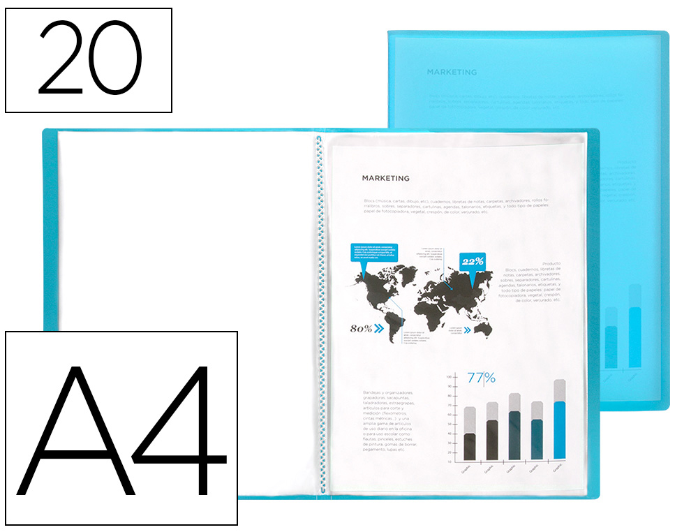 CAPA CATALOGO LIDERPAPEL 20 BOLSAS POLIPROPILENO DIN A4 TRASLUCIDA AZUL FROSTY