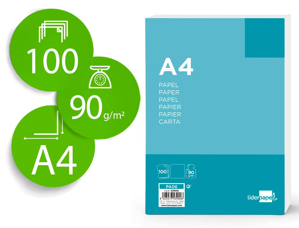 PAPEL LIDERPAPEL DIN A4 90 GR EMBALAGEM DE 100 FOLHAS
