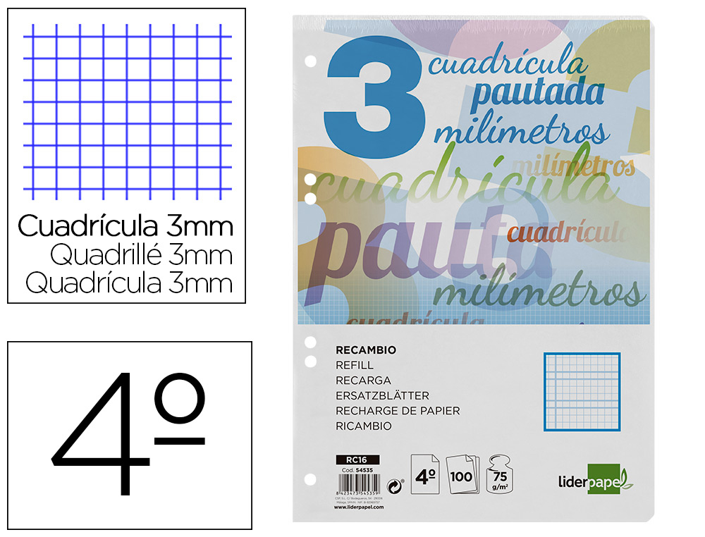 RECAMBIO LIDERPAPEL CUARTO 100 H CUADRICULADO PAUTADO 3 MM 6 TALADROS 60 GR CON MARGEN