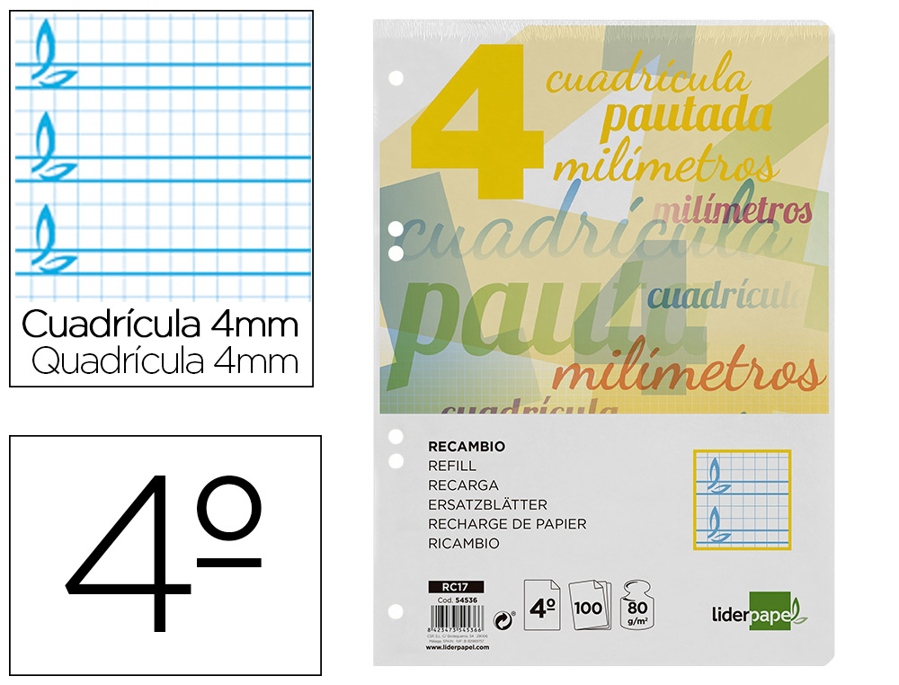 RECAMBIO LIDERPAPEL CUARTO 100 H CUADRICULADO PAUTADO 4 MM 6 TALADROS 60 GR