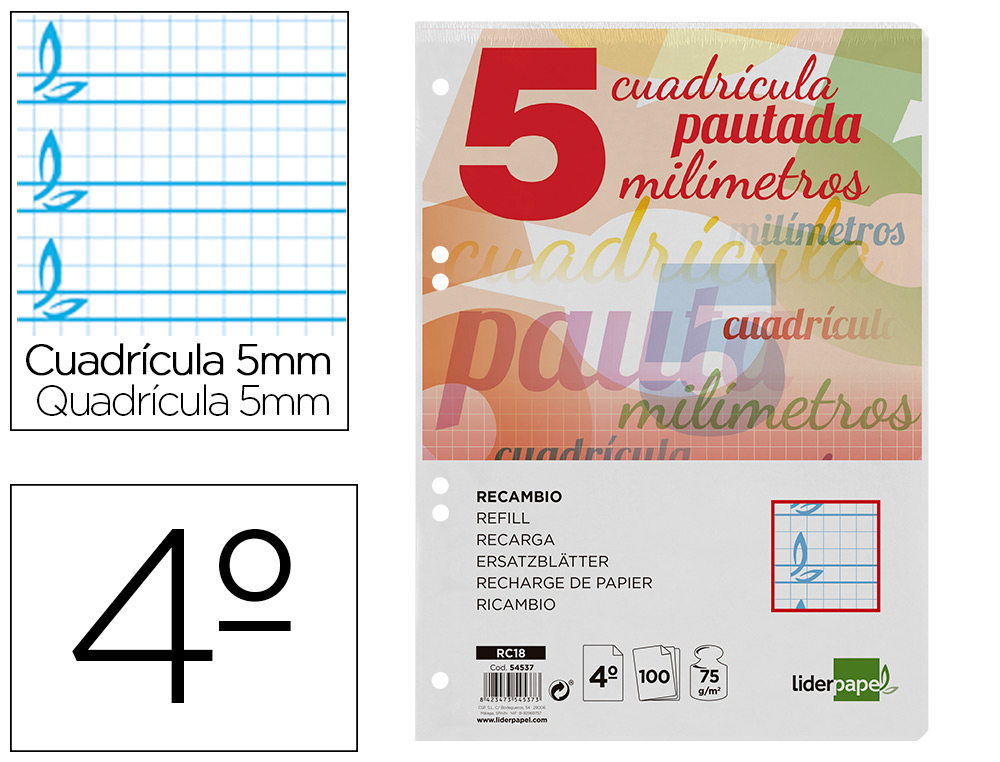 RECAMBIO LIDERPAPEL CUARTO 100 H CUADRICULADO PAUTADO 5 MM 6 TALADROS UNIVERSAL 60 GR