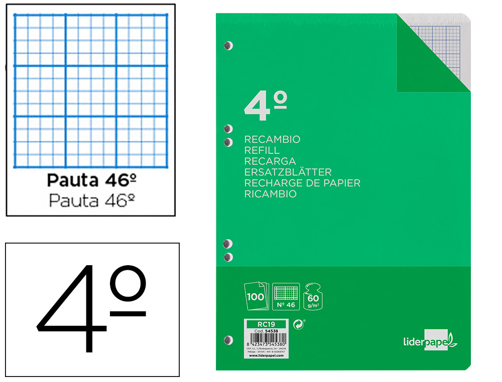 RECAMBIO LIDERPAPEL CUARTO 100 H CUADRICULA N 46 6 TALADROS 60 GR