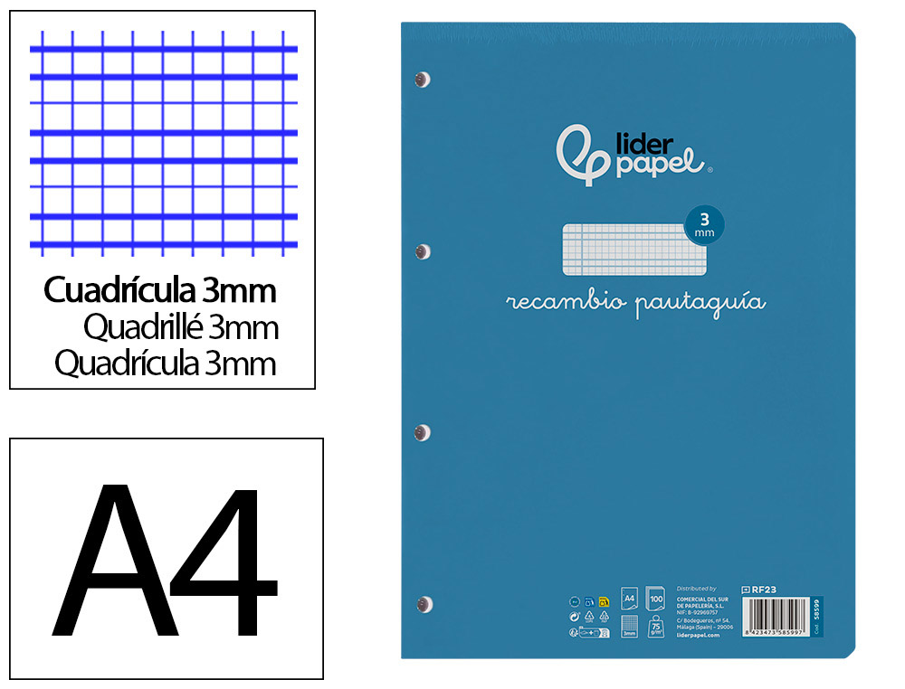 RECAMBIO LIDERPAPEL FOLIO 100 H 4 TALADROS 70 GR CUADRICULADO PAUTADO 3 MM CON MARGEN