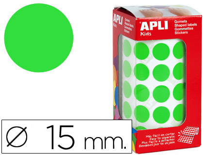 ETIQUETAS APLI AUTOADESIVOS CIRCULARES 15 MM VERDE EM ROLO COM 2832 UNIDADES