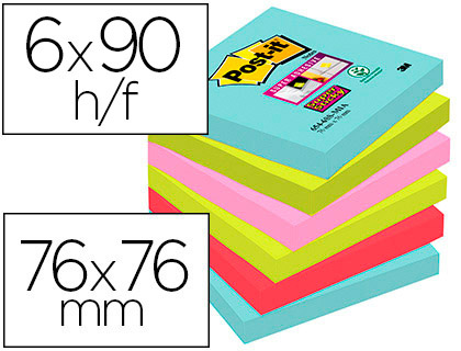 BLOCO DE NOTAS ADESIVAS POST-IT SUPER STICKY 76X76 MM COM 90 FOLHAS PACK DE 6 UNIDADES CORES MIAMI