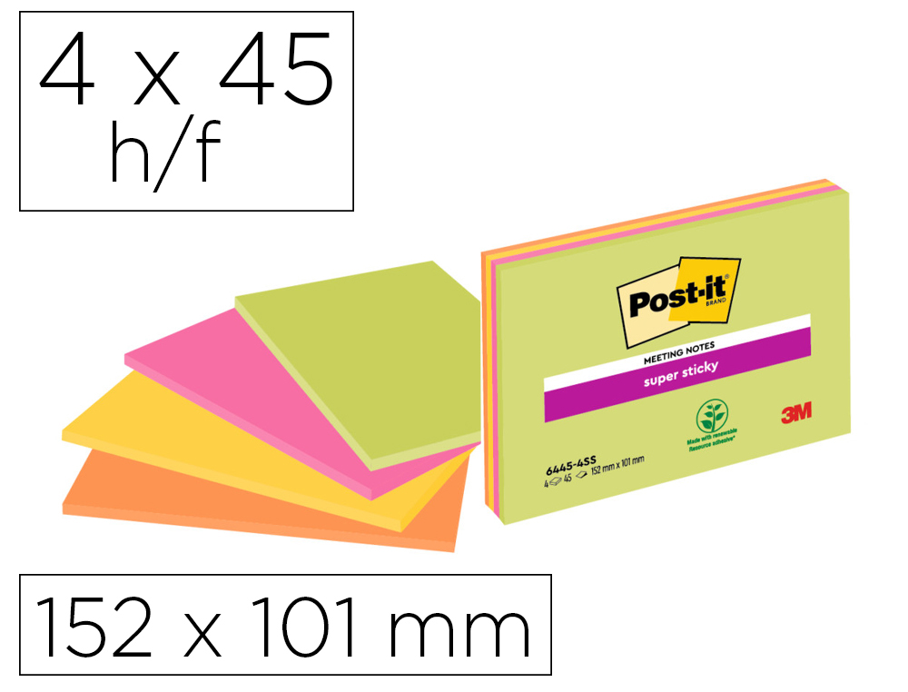 BLOCO DE NOTAS ADESIVAS POST-IT SUPER STICKY 149X98 MM COM 45 FOLHAS PACK DE 4 UNIDADES CORES NEON