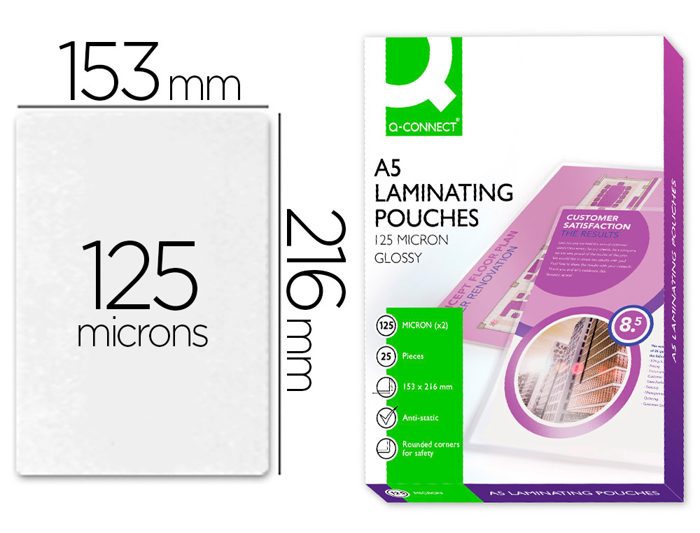 BOLSA DE PLASTIFICAR Q-CONNECT 153 X 216 MM -125 MICRONS DIN A5 AUTOADESIVAS CAIXA DE 25 UNIDADES