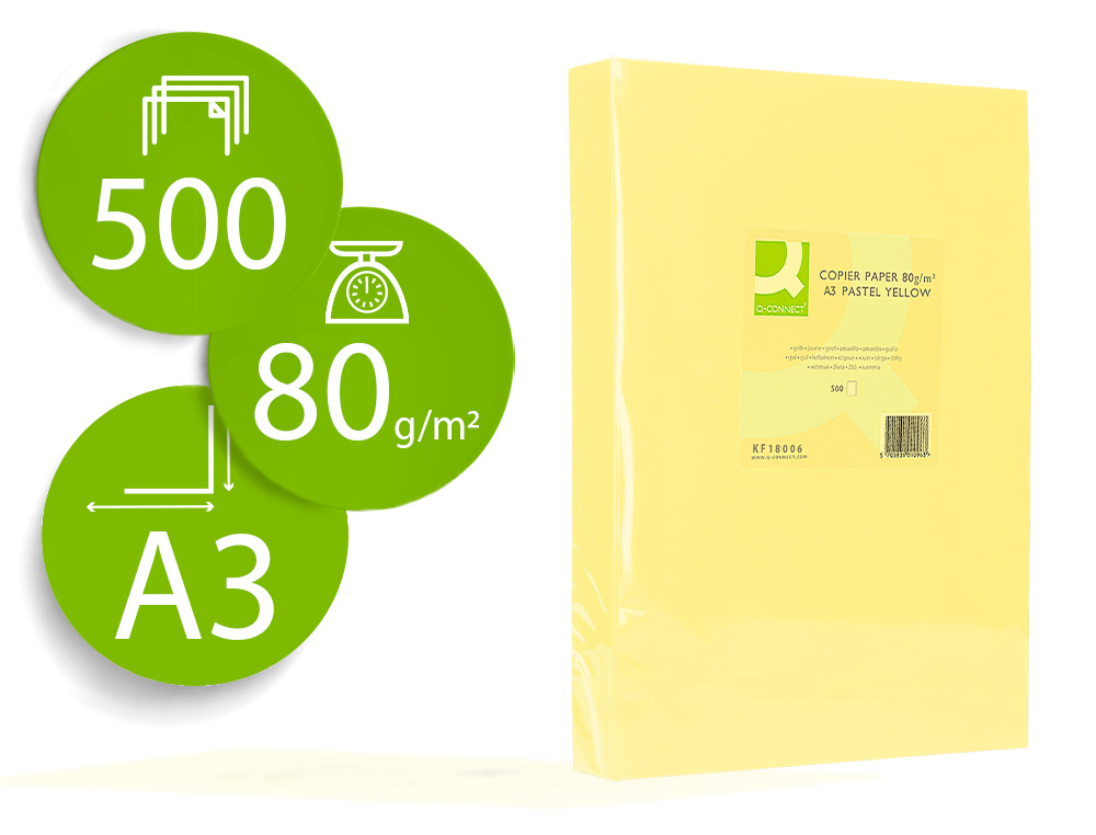 PAPEL DE COR Q-CONNECT DIN A3 80 GR AMARELO EMBALAGEM DE 500 FOLHAS