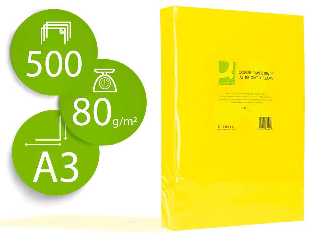 PAPEL DE COR Q-CONNECT DIN A3 80 GR AMARELO INTENSO EMBALAGEM DE 500 FOLHAS