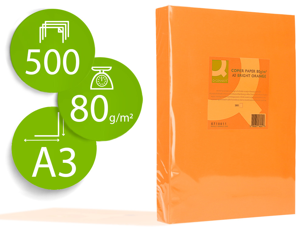PAPEL DE COR Q-CONNECT DIN A3 80 GR LARANJA INTENSO EMBALAGEM DE 500 FOLHAS