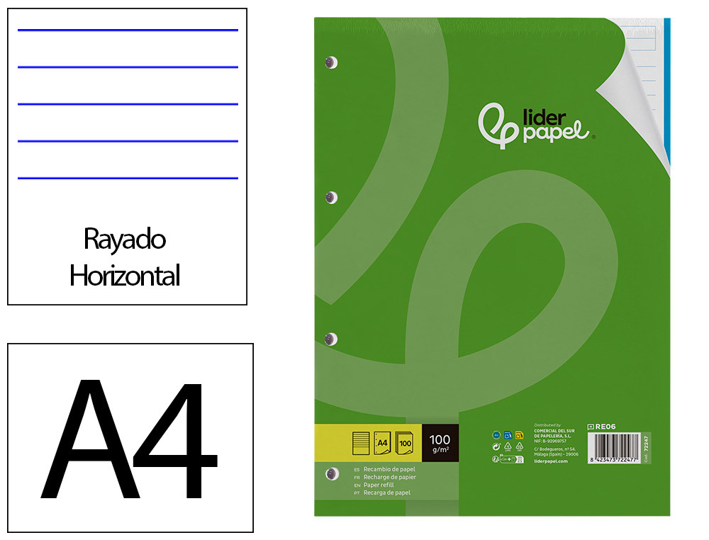 RECARGA LIDERPAPEL DIN A4 100 F 100 GR PAUTADO HORIZONTAL SEM MARGEN 4 FUROS BANDAS DE 5 CORES