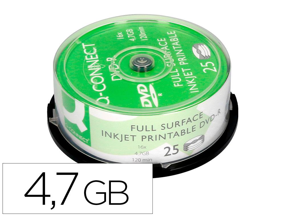 DVD-R Q-CONNECT CAPACIDADE 4,7GB DURACAO 120MIN VELOCIDADE 16X IMPRIMIVEL TORRE DE 25 UNIDADES