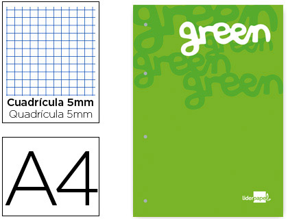 RECARGA COLADA LIDERPAPEL QUADRICULA DE 5 MM VERDE A4 NATURAL 100 FOLHAS 100 G/M2