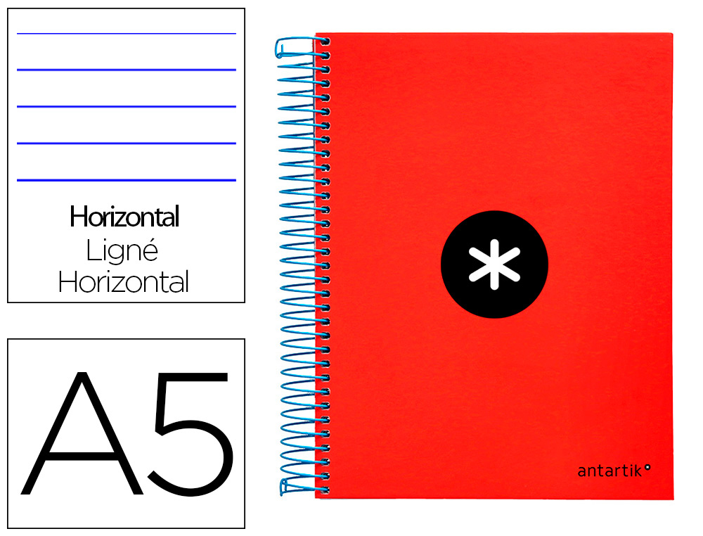 CADERNO ESPIRAL DIN A5 ANTARTIK CAPA FORRADA 120 F 100 GR PAUTADO 5 BANDAS DE CORES 6 FUROS COR VERMELHO