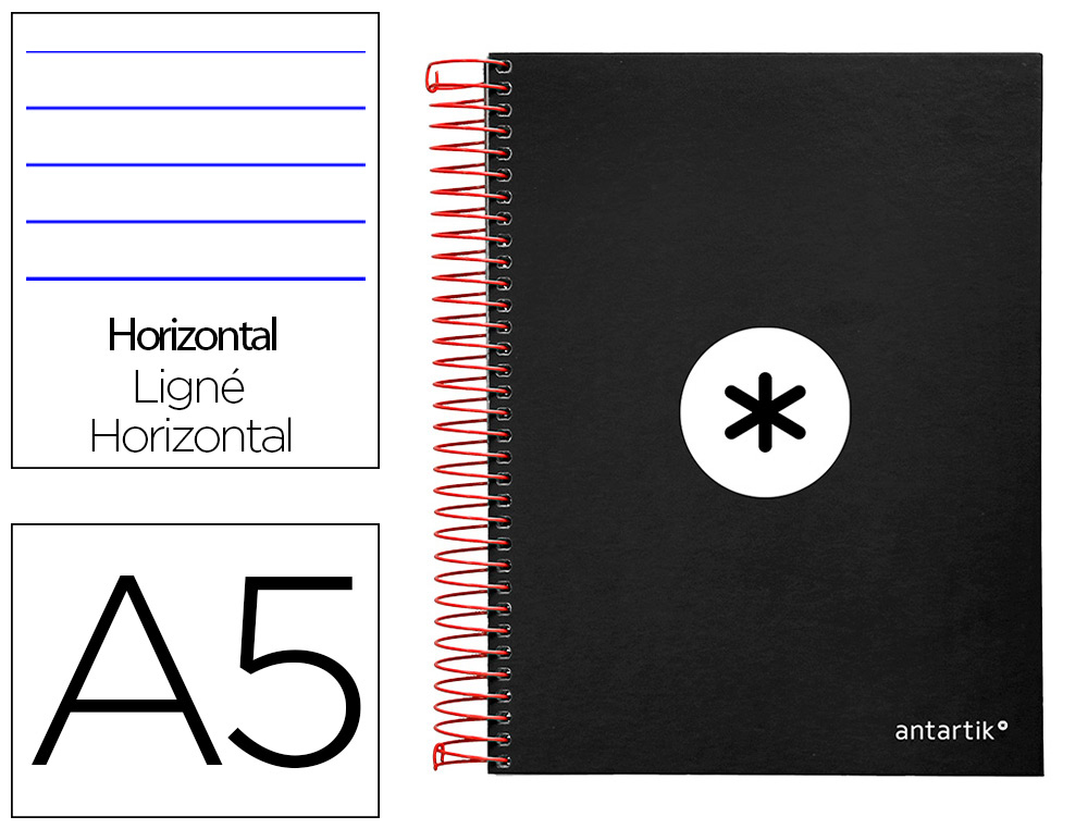 CADERNO ESPIRAL DIN A5 ANTARTIK CAPA FORRADA 120 F 100 GR PAUTADO 5 BANDAS DE CORES 6 FUROS COR PRETO
