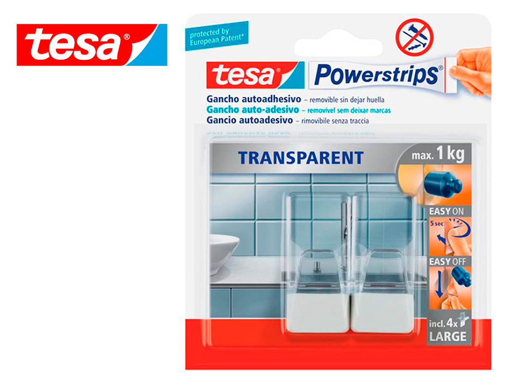 GANCHO TESA AUTOADESIVO POWERSTRIPS GRANDE TRANSPARENTE/AO + TIRAS COLA ATE 1 KG