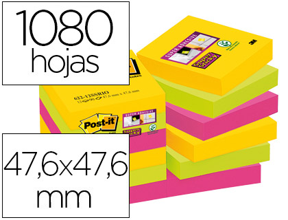 BLOCO DE NOTAS ADESIVAS POST-IT SUPER STICKY 47,6X47,6 MM COM 90 FOLHAS PACK DE 12 BLOCO CORES SORTIDAS