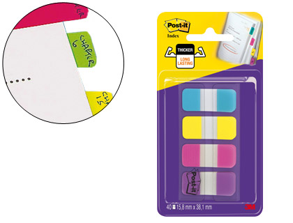 BANDAS SEPARADORAS POST-IT INDEX RIGIDAS DISPENSADOR 4 CORES AMARELO AZUL ROSA E VIOLETA MINI 4X10 MM PACK DE 40 UDS