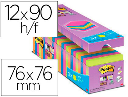 BLOCO DE NOTAS ADESIVA POST-IT SUPER STICKY 76X76 MM 90 FOLHAS CORES SORTIDAS PACK DE 21 + 3