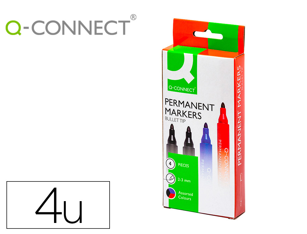 MARCADOR Q-CONNECT MARCADOR PERMANENTE ESTOJO DE 4 CORES SORTIDAS PONTA REDONDA 3.0 MM