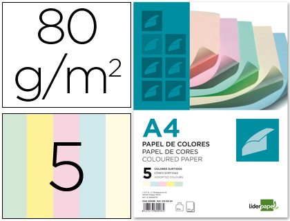 PAPEL DE COR LIDERPAPEL DIN A4 80 GR EMBALAGEM DE 500, 100 FOLHAS POR CORES SORTIDAS